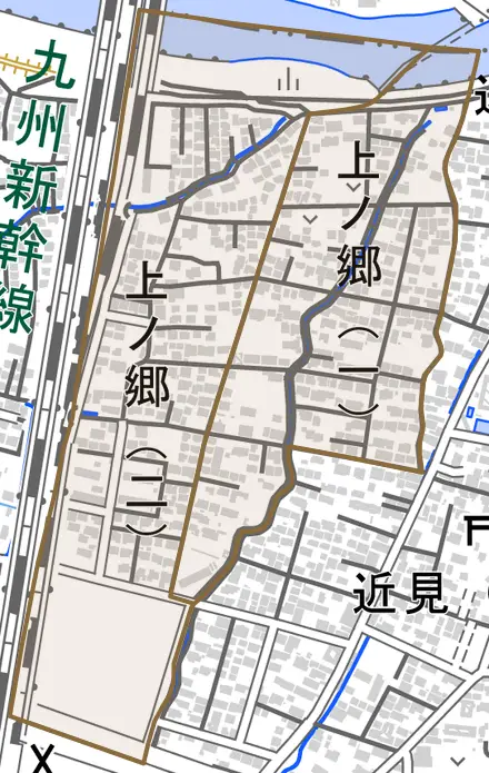 上ノ郷とその周辺の地図。町の範囲を重ねている