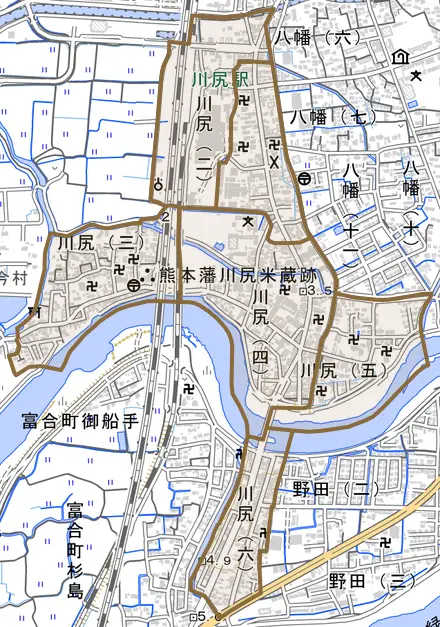 川尻とその周辺の地図。町の範囲を重ねている