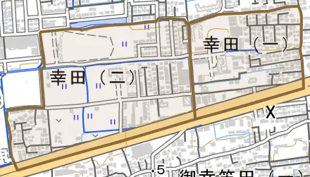 幸田とその周辺の地図。町の範囲を重ねている