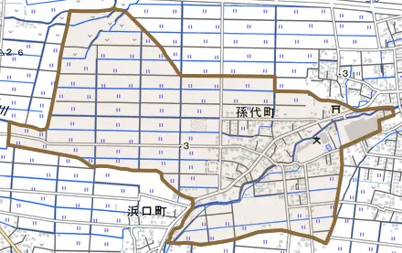 孫代町とその周辺の地図。町の範囲を重ねている