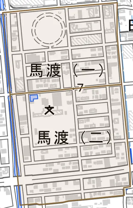 馬渡とその周辺の地図。町の範囲を重ねている