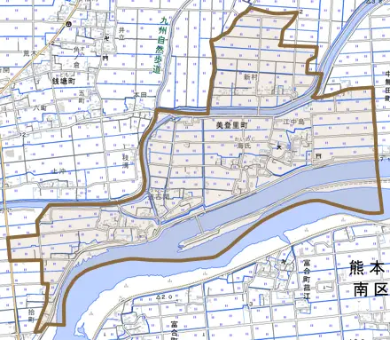 美登里町とその周辺の地図。町の範囲を重ねている