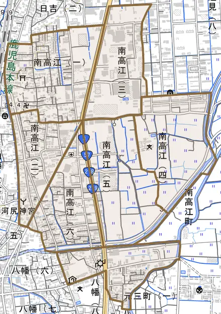 南高江とその周辺の地図。町の範囲を重ねている