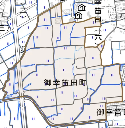 御幸笛田町とその周辺の地図。町の範囲を重ねている