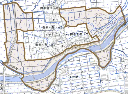 御幸木部町とその周辺の地図。町の範囲を重ねている