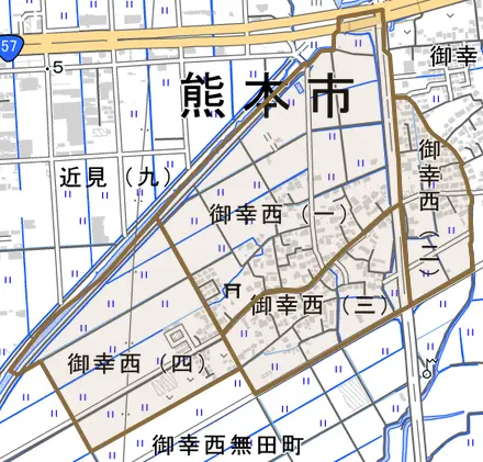 御幸西とその周辺の地図。町の範囲を重ねている