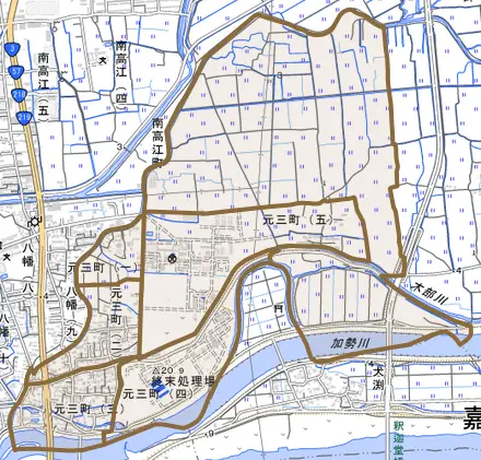 元三町とその周辺の地図。町の範囲を重ねている
