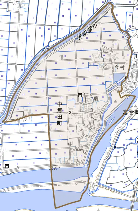 中無田町とその周辺の地図。町の範囲を重ねている