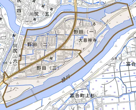 野田とその周辺の地図。町の範囲を重ねている
