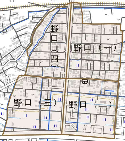 野口とその周辺の地図。町の範囲を重ねている