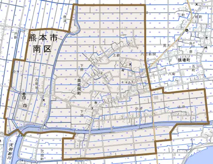奥古閑町とその周辺の地図。町の範囲を重ねている