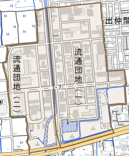 流通団地とその周辺の地図。町の範囲を重ねている