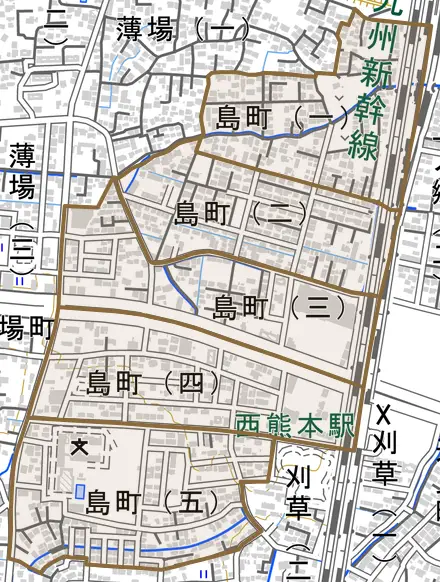 島町とその周辺の地図。町の範囲を重ねている
