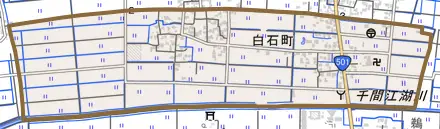 白石町とその周辺の地図。町の範囲を重ねている