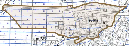砂原町とその周辺の地図。町の範囲を重ねている