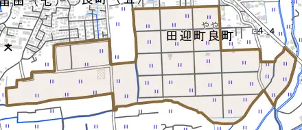 田迎町大字良町とその周辺の地図。町の範囲を重ねている