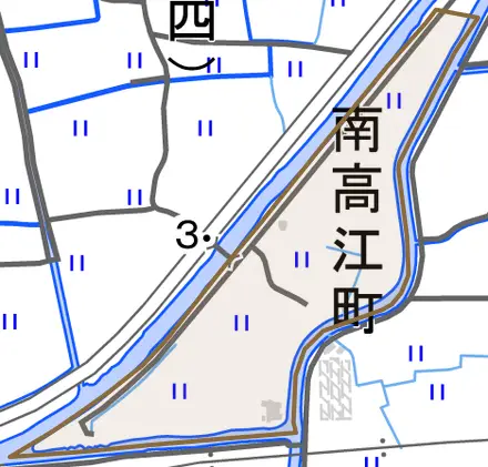 南高江町とその周辺の地図。町の範囲を重ねている
