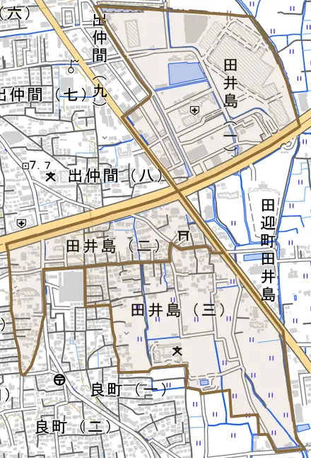 田井島とその周辺の地図。町の範囲を重ねている