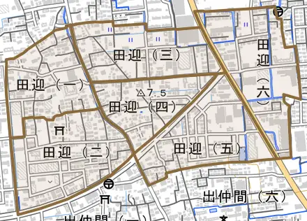 田迎とその周辺の地図。町の範囲を重ねている