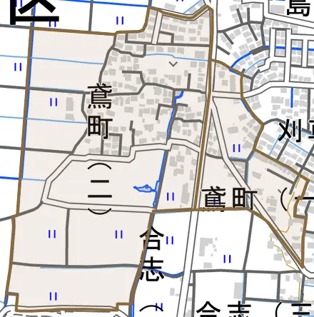 鳶町とその周辺の地図。町の範囲を重ねている