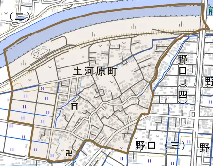 土河原町とその周辺の地図。町の範囲を重ねている