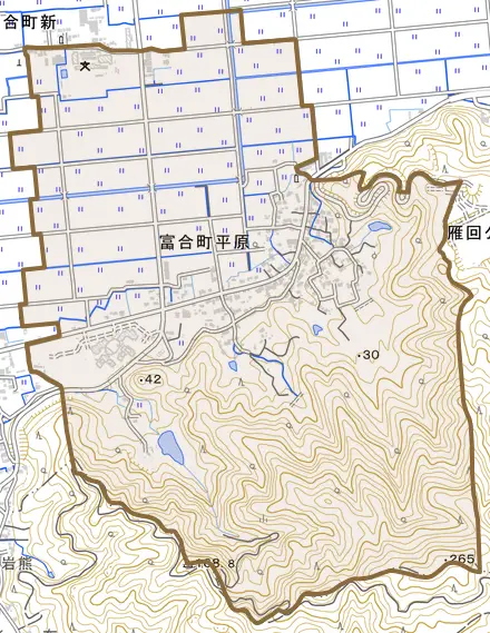 富合町平原とその周辺の地図。町の範囲を重ねている