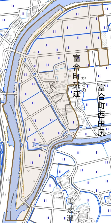 富合町硴江とその周辺の地図。町の範囲を重ねている
