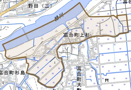 富合町上杉とその周辺の地図。町の範囲を重ねている