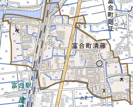 富合町清藤とその周辺の地図。町の範囲を重ねている
