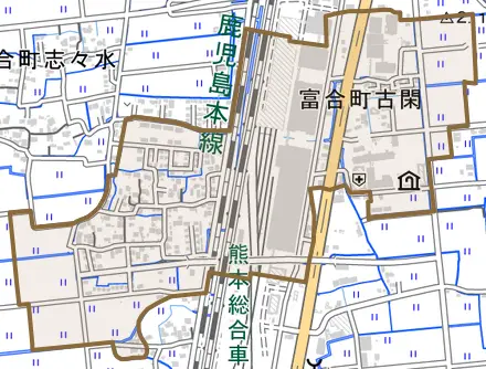 富合町古閑とその周辺の地図。町の範囲を重ねている