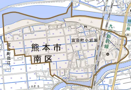 富合町小岩瀬とその周辺の地図。町の範囲を重ねている