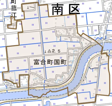 富合町国町とその周辺の地図。町の範囲を重ねている