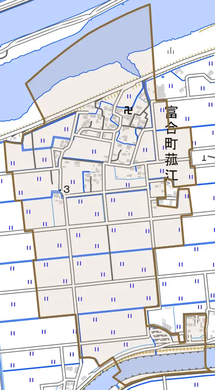 富合町菰江とその周辺の地図。町の範囲を重ねている