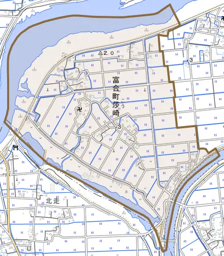富合町莎崎とその周辺の地図。町の範囲を重ねている