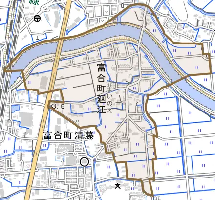 富合町廻江とその周辺の地図。町の範囲を重ねている