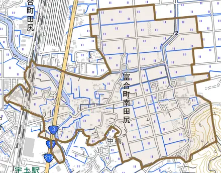 富合町南田尻とその周辺の地図。町の範囲を重ねている