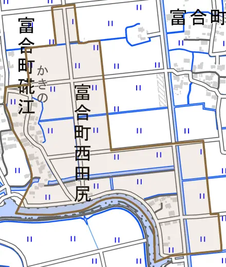 富合町西田尻とその周辺の地図。町の範囲を重ねている