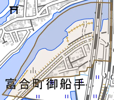 富合町御船手とその周辺の地図。町の範囲を重ねている
