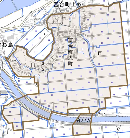 富合町大町とその周辺の地図。町の範囲を重ねている