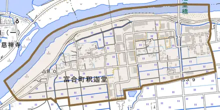 富合町釈迦堂とその周辺の地図。町の範囲を重ねている
