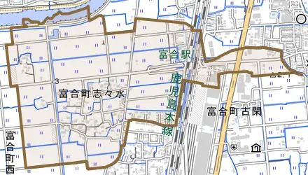 富合町志々水とその周辺の地図。町の範囲を重ねている