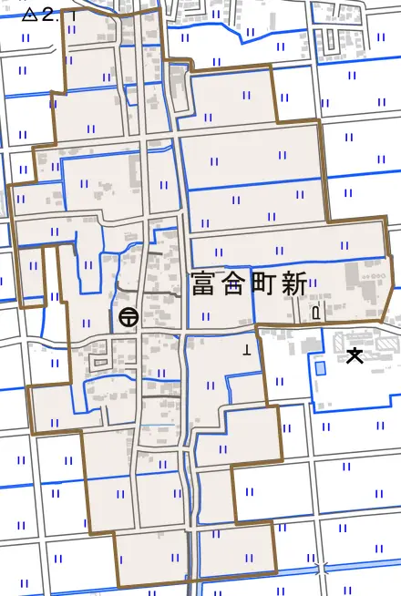 富合町新とその周辺の地図。町の範囲を重ねている
