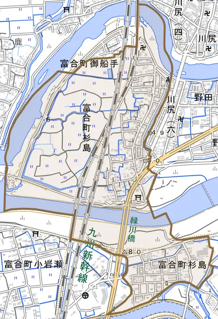 富合町杉島とその周辺の地図。町の範囲を重ねている