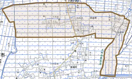 内田町とその周辺の地図。町の範囲を重ねている
