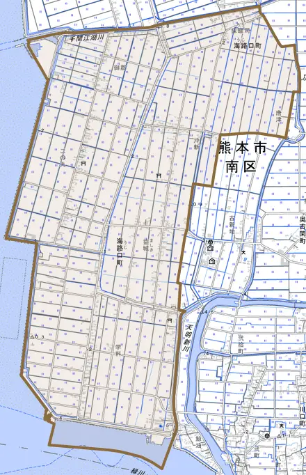 海路口町とその周辺の地図。町の範囲を重ねている