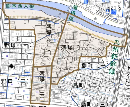 薄場とその周辺の地図。町の範囲を重ねている