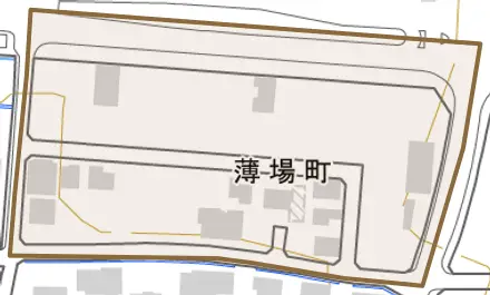 薄場町とその周辺の地図。町の範囲を重ねている