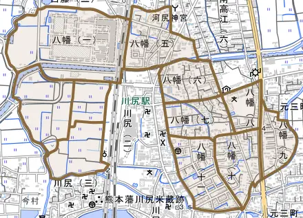 八幡とその周辺の地図。町の範囲を重ねている