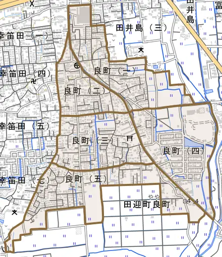 良町とその周辺の地図。町の範囲を重ねている