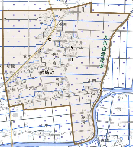銭塘町とその周辺の地図。町の範囲を重ねている